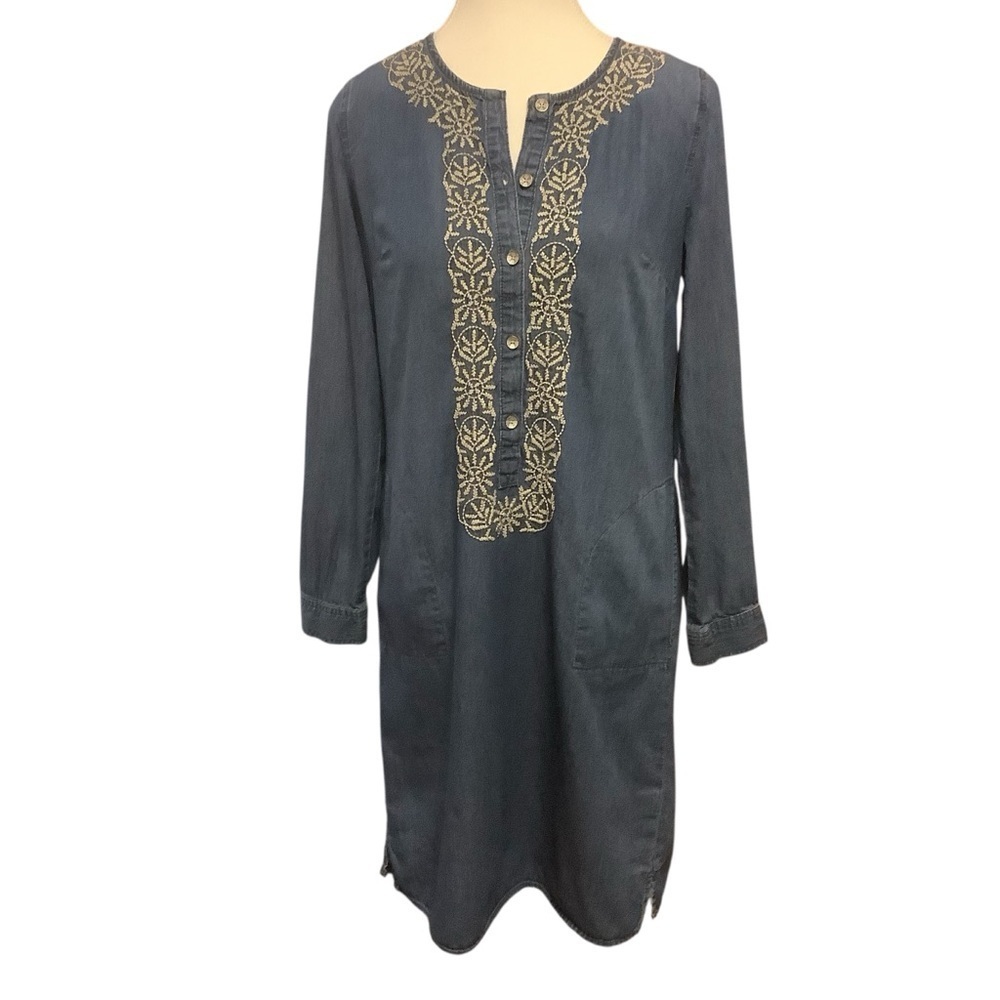 J. JILL MISSY BLUE DENIM LONG SLEEVE/ EMBROIDERED DESIGN SHIRT DRESS/ Size XS - Picture 2 of 12